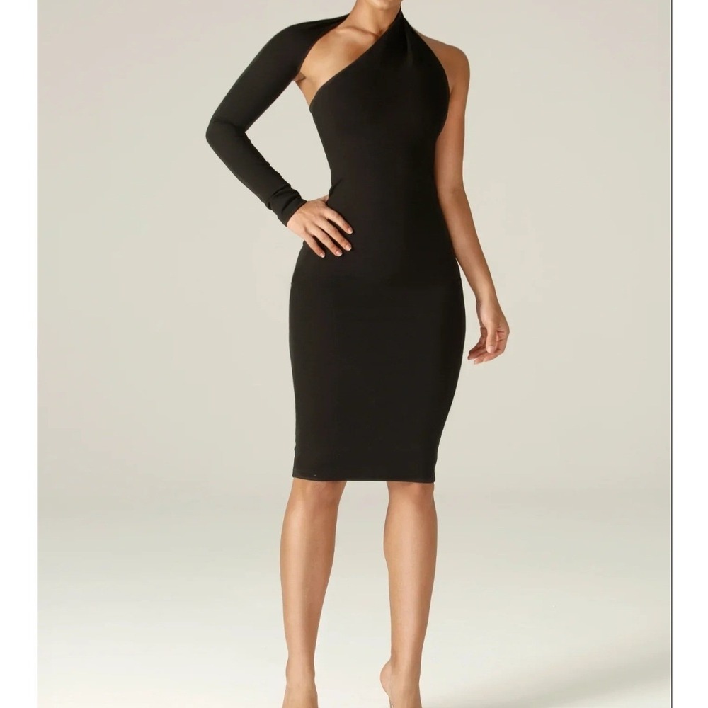 Alieva One Shoulder Midi Dress Womens XL Black Asymmetric Long Sleeve Cutout